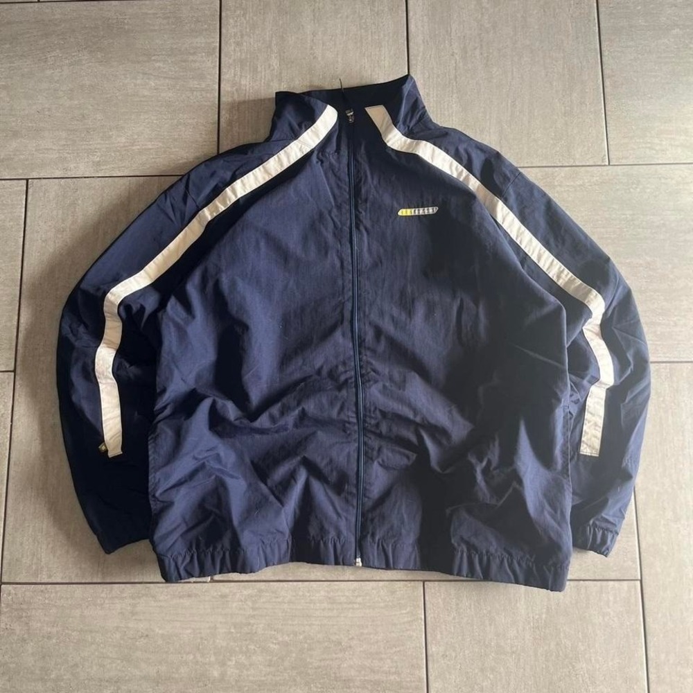 Reebok Vintage Windbreaker Jacket Navy Blue Cream Stripe Full Zip Mens Size L